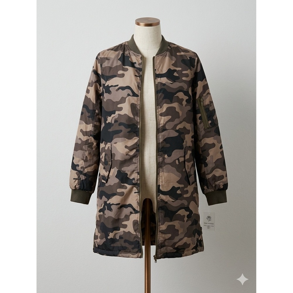 Tea N Rose Women's L Longline Camo Bomber Jacket Lightweight Utility Military